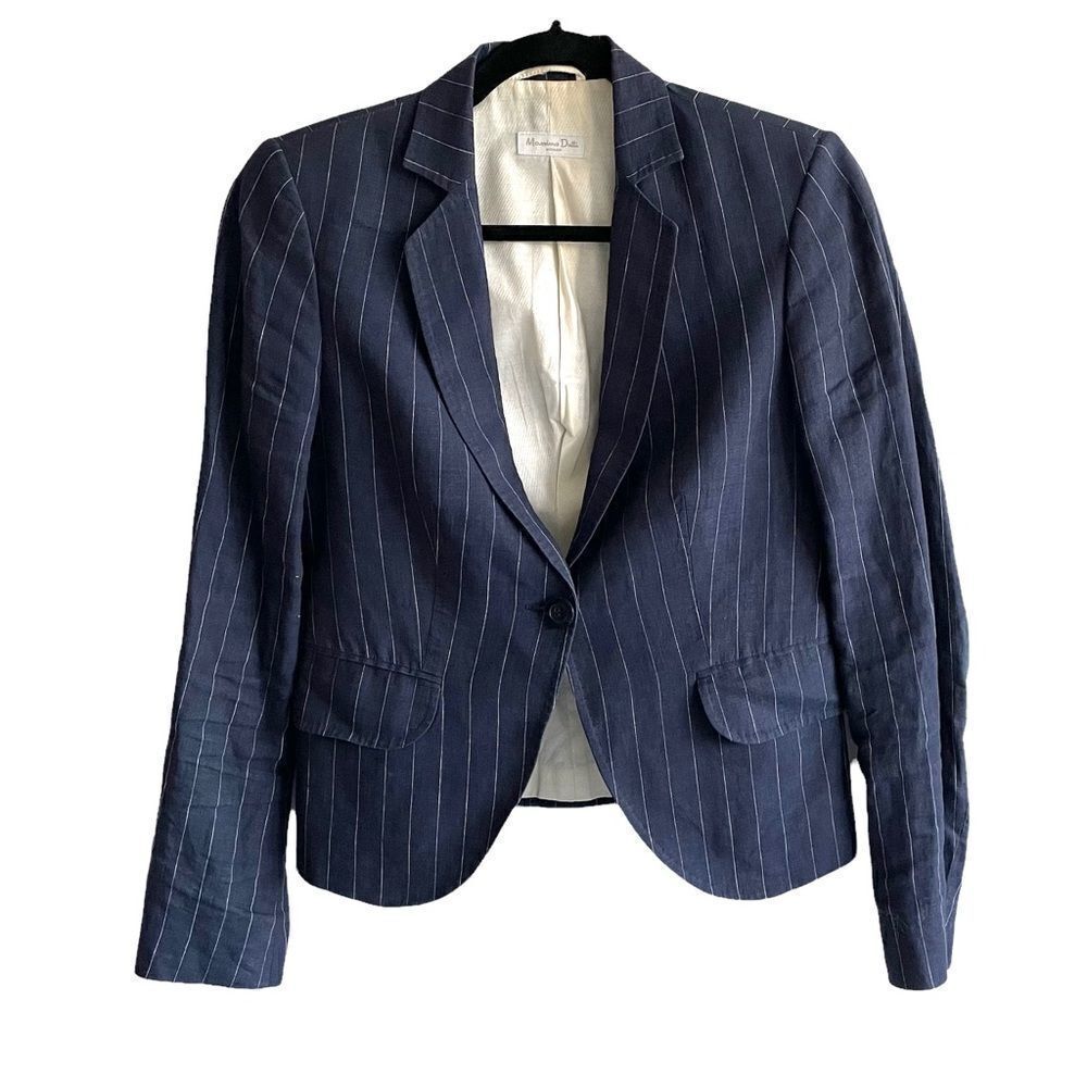 MASSIMO DUTTI Linen Navy Blue Pinstripe Button Front Blazer 38